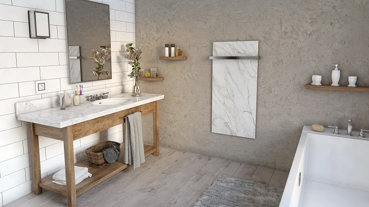 Keramické topné panely do koupelny jsou dostupné i v dekoraci mramoru.